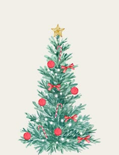 a watercolor christmas tree with red balls and bows on it's green branches