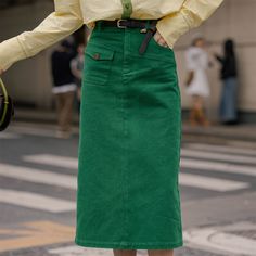 Purchase with blouse>>   High Waist Green Straight Skirt  Material: 70% Cotton+30% Polyester   Style: Retro, Workwear  Size: S, M, L, XL Color: Green  Occasion: Leisure, Outdoor, Daily, Vacation Colorful Workwear, Wool Skirt Outfit, Green Denim Skirt, Green Clothes, Blue Denim Skirt, Green Outfit, Wool Skirt, Skirt Outfit, Pink Skirt