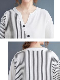 Stay stylish and comfortable with our Women's Button-Up Striped Tops. Crafted from soft and breathable cotton. these tops are perfect for any season. Available in classic white. timeless black. and refreshing green with trendy stripes. they add a touch of sophistication to your wardrobe. The V-neck design complements all body types. while the short sleeves offer a casual yet chic look. With a one-size-fits-all approach. the top's measurements include a length of 72cm. bust of 130cm. shoulder wid Striped Tops, Striped Tops Women, Balloon Sleeve Dress, Swimsuits Hot, Long Sleeve Print Dress, Striped T Shirt, Green Pattern, Basic Tops, New Tops