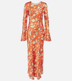 Floral satin maxi dress in orange - Ganni | Mytheresa Spring Silk Maxi Dress With Bias Cut, Fitted Satin Maxi Dress With Floral Print, Stretch Floral Print Midi Maxi Dress, Spring Maxi Dress In Elastane, Spring Maxi Dress Made Of Elastane, Spring Dresses In Rayon With Bias Cut, Spring Rayon Dresses With Bias Cut, Stretch Viscose Maxi Dress, Spring Rayon Bias Cut Dresses