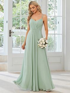 Chiffon and Lace Open Back Spaghetti Straps Bridesmaid Dress  #color_Mint Green Vestido Convertible, Infinity Gown, Green Bridesmaid Dress, Bridesmaid Gown Chiffon, Spaghetti Strap Bridesmaids Dresses, Exclusive Gowns, Green Bridesmaid, Ever Pretty, Convertible Dress