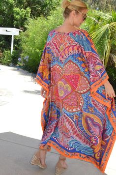 Designer Print Silk Caftan Womens Silk Kaftan Silk Dress | Etsy Bohemian Silk Multicolor Print Dress, Bohemian Silk Dress With Multicolor Print, Bohemian Multicolor Print Silk Dress, Silk Tunic Kaftan For Festivals, Summer Silk Patterned Kaftan, Bohemian Kaftan With Kimono Sleeves In Multicolor Print, Patterned Silk Kaftan For Beach, Bohemian Multicolor Kaftan With Kimono Sleeves, Bohemian Kaftan With Multicolor Print And Kimono Sleeves