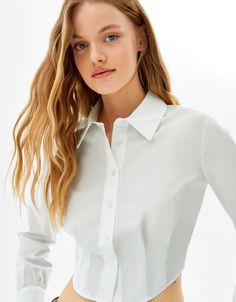 Summer Poplin Shirt Single-Breasted Short Top - White,S White Long Sleeve Poplin Tops, White Long Sleeve Poplin Shirt, Fitted Poplin Office Top, Fitted Poplin Top For Office, Fitted Poplin Shirt For Daywear, White Poplin Top With Spread Collar, Fitted White Poplin Top, Casual White Poplin Tops, White Casual Poplin Blouse