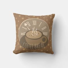 a coffee break pillow on a white wall with polka dots and a clock in the background