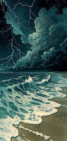 a painting of the ocean with storm clouds and lightning in the sky above it, as well as water waves