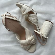 Loeffler Randall - Retails For $395 Worn Once For A Wedding, Super Comfortable For Heels! Pleated Heeled Sandal In Ivory Pearl Fabric With Knot, Open Toe With Adjustable Buckle Ankle Strap. 3.5 Inch Heel. Ivory Platform Heels, Beach Wedding Heels, Elegant Off White Evening Heels, Off White Elegant Heels For Evening, Chic Cream Heels For Gala, Elegant Off White Formal Heels, Elegant Off White Heels For Formal Occasions, Elegant Off White Heels With Heel Strap, Elegant Off-white Heels With Heel Strap