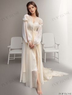 Poprose - Romantic White Nightgown Set with Long Sleeves and V-Neck V-neck Lace Trim Nightgown For Wedding, Sheer V-neck Loungewear Dress, Sheer V-neck Sleep Dress, Spring Wedding Night V-neck Sleepwear, Feminine V-neck Sleepwear For Wedding Night, Sheer V-neck Nightgown For Wedding Night, Feminine Sheer V-neck Sleepwear, Cream V-neck Sleep Dress, Sheer V-neck Nightgown