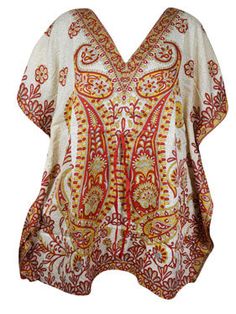 Womens Short Caftan Dress, Hippie Kaftan Orange White L-2XL Bohemian V-neck Kaftan For Festivals, Bohemian Printed Tunic For Festive Occasions, Bohemian Festive Printed Tunic, Bohemian Festive Tunic For Festivals, Bohemian Tunic For Festive Occasions And Festivals, Festive Bohemian Printed Tunic, Festive Bohemian Tunic For Festivals, White Tunic Kaftan For Festivals, White Festival Tunic Kaftan