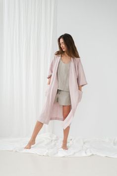 "Japanese style PETRA robe in dusty pink. - length is ± 115cm (45.3\") (depends on size) - three-quarter length kimono sleeves - wrap self-fabric twice tie belt - with pockets DETAILS: - 100 % European, pre-washed medium weight linen (205 g/m²) - the model is 180 cm (5′11″) high, wearing size S. - model measurements: bust 84 cm (33\") / waist 61 cm (24\") / hips 92 cm (36\") - color in the picture - dusty pink (you can choose other color on the right) MADE TO ORDER: All pieces are made to order, Spring Long Robe For Home, Long Spring Robe For Home, Comfortable Long Spring Sleepwear, Long Sleepwear For Spring Relaxation, Spring Long Robe With Relaxed Fit, Spring Open Front Home Robe, Long Summer Robe For Sleep, Long Summer Sleep Robe, Spring Sleepwear With Pockets For Relaxation