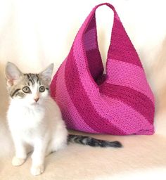 a cat sitting next to a pink bag