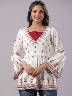 * Red & White Embroidered Cotton Dobby Tunic Printed Kurti / Embroidered Short Kurti / Indian Tunic / Summer-Spring Evening Dress / Cotton Tunic Tops Boho Tunic / Hippie Dress / Tribal Print Top * Red and White embroidered a-line kurti * Embroidered detailing  * Round neck, three-quarter, bell sleeves * Pure cotton *Fabric:-  Cotton Donny *Wash Care:-  Hand-wash AVAILABLE IN 6 SIZES THEY ARE IN FOLLOWING MEASUREMENTS IN INCHES:- XS:- Bust-34/Waist-28/Length-29 S:- Bust-36/Waist-30/Length-29 M:- Bust-38/Waist-32/Length-29 L:- Bust-40/Waist-34/Length-29 XL:- Bust-42/Waist-36/Length-29 XXL:- Bust-44/Waist-38/Length-29 NOTE ►►CUSTOMISATION We do customisation ️ ►►TRACKING We give full tracking to our valuable customers, you can track your package any time with tracking code provided by our sho Tunic Kurti, Kurti Top, Indian Tops, Embroidered Material, A Line Kurti, Kurtis For Women, Cotton Tunic Tops, Indian Tunic, Ethnic Dress