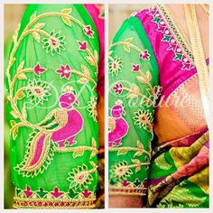 Saree brings out eternity of every lady if worn with the right designer blouse and accessories. This green net for sleeves and contrast pink for body with parrot hand embroidery will be perfect match for chiffon/ Georgette/ silk sarees. This can be custom made in various colours and sizes of your choice  We can accommodate orders as urgent as 1 week and we can ship it anywhere (give an additional 7-10 days for delivery).  How to buy: Confirm your purchase -> Pick out the color -> Share a picture Green Blouse With Sheer Dupatta For Wedding, Green Wedding Blouse With Sheer Dupatta, Designer Multicolor Blouse With Sheer Dupatta, Multicolor Blouse With Sheer Dupatta For Festivals, Festive Green Blouse With Sheer Dupatta, Festive Blouse With Sheer Sleeves, Traditional Blouse With Embroidered Sleeves For Designer Wear, Traditional Wedding Blouse Piece With Embroidered Sleeves, Parrot Ideas