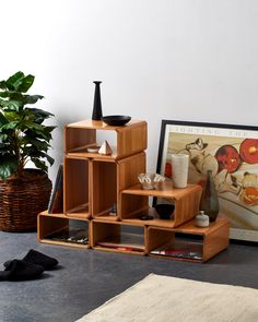 a wooden shelf sitting on top of a floor next to a potted plant and vase