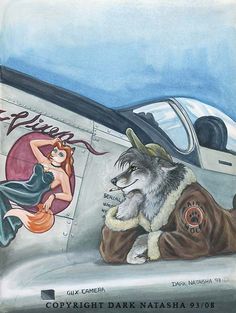 a drawing of a wolf sitting on the wing of an airplane next to a woman