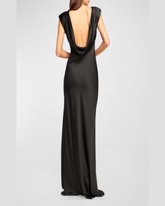 Open Back Gown, Low Back Dresses, Bias Cut Skirt, Ramy Brook, Satin Gown, Bateau Neckline, Stretch Satin, Thigh High, Boat Neck