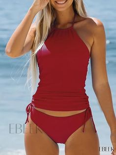 Ebeek - Halter Tie Neck 2-Piece Tankini Set: Versatile, Comfortable, and Stylish Swimwear Ensemble for Women Stretch Red Top For Beach Season, Stretch Red Tops For Beach Season, Sleeveless Two-piece Beach Top, Beach Top With Drawstring, Red Stretch Tankini For Spring, Two-piece Stretch Tops For Beach, Stretch Two-piece Top For Beach, Stretch Two-piece Beach Tops, Fitted Solid Color Beach Top