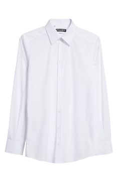 A smart wardrobe essential, this Italian-crafted shirt is cut from pure cotton poplin for a crisp look and easy movement. 30" length; 40 1/2" chest (size 40) Raised placket Point collar Long sleeves with button cuffs 100% cotton Machine wash, line dry Made in Italy Designer Clothing Elegant Cotton Dress Shirt, Elegant Cotton Dress Shirt For Daywear, Elegant White Poplin Shirt, Timeless Cotton Dress Shirt For Workwear, Formal Button-up Poplin Tops, Formal Poplin Button-up Top, Elegant Poplin Shirt For Office, Elegant Poplin Tops With Spread Collar, Elegant Poplin Top With Spread Collar