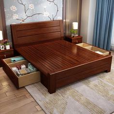 a wooden bed with drawers underneath it