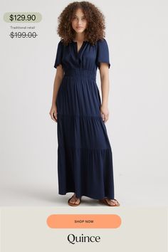 This tiered maxi goes with the flow thanks to its fluid tiered silhouette and flexibility to dress up or dress down. Short sleeves make it wearable year-round, and a smocked waistband gives it an extra-comfortable fit. Our bestselling premium mulberry silk with a hint of stretch is low-maintenance and washable. Plus, silk fiber contains 18 kinds of amino acids that make it amazing for skin nourishment, hypo-allergenic, and naturally thermoregulating to help maintain body temperature.  | Quince | Beach Tiered Maxi Dress With Elastic Waistband, Tiered Maxi Dress With Smocked Back And Flowy Skirt, Beach Maxi Dress With Elastic Waistband And Tiered Shape, Beach Maxi Dress With Elastic Waistband And Tiered Design, Flowy Ruched Tiered Skirt Maxi Dress, Beach Tiered Skirt Maxi Dress In Rayon, Flowy Ruched Maxi Dress In Viscose, Beach Maxi Dress With Tiered Skirt And Elastic Waistband, Vacation Tiered Maxi Dress With Smocked Back