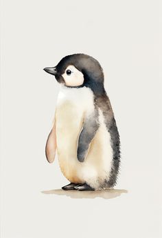 a watercolor painting of a penguin standing on one leg and looking to the side