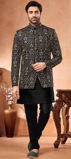 Black and Grey color Jodhpuri Suit in Banarasi Silk fabric with Embroidered, Thread work Traditional Black Bandhgala With Chikankari Embroidery, Black Chikankari Chanderi Sherwani, Black Designer Wear Sets With Motifs, Black Sherwani With Chikankari Embroidery, Black Bandhgala With Chikankari Embroidery Bollywood Style, Black Chikankari Embroidered Sherwani, Black Chikankari Embroidery Sherwani, Black Embroidered Fabric For Designer Wear During Eid, Multicolor Chanderi Sherwani For Designer Wear