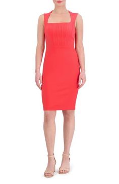 Keep your curves gorgeously skimmed in this body-con dress designed with a squared neck and a sassy back cutout to enhance your exits. 38 1/2" length (size 8) Hidden back-zip; button-and-loop closure Square neck Sleeveless Lined 97% polyester, 3% spandex Hand wash, dry flat Imported Fitted Elastane Sheath Bodycon Dress, Stretch Midi Length Lined Bodycon Dress, Stretch Lined Bodycon Midi Dress, Stretch Bodycon Midi Dress With Lining, Chic Fitted Elastane Bandage Dress, Elastane Bodycon Dress With Straight Neckline For Date Night, Knee-length Elastane Bodycon Dress, Elastane Bodycon Dress With Fitted Bodice, Midi Length, Spring Bodycon Dress With Fitted Bodice And Straight Neckline