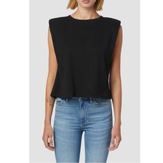 Hudson Jeans Shoulder Pad Sleeveless T-Shirt In Black. Size X-Small Casual Black Sleeveless Blouse, Black Muscle Tee For Spring, Trendy Black Sleeveless Blouse Top, Trendy Black Crew Neck Tank Top, Edgy Crew Neck Tank Top, Chic Black Sleeveless T-shirt, Casual Black Muscle Tee For Everyday, Chic Black Crop Top T-shirt, Black Short Sleeve Muscle Tee For Spring