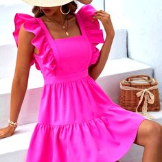 Pink Ruffled Dress A-line Midi Dress With Ruffles For Garden Party, Chic A-line Ruffle Dress For Spring, Knee-length Ruffled Fit And Flare Mini Dress, Fitted Pink Tiered Dress For Garden Party, Flirty Fit And Flare Dress With Ruffles, Ruffled Fit And Flare A-line Dress, Pink A-line Mini Dress With Ruffles, Pink A-line Midi Dress With Ruffles, Flowy A-line Mini Dress With Ruffles