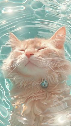 an orange and white cat with its eyes closed swimming in the blue water, looking up at the camera