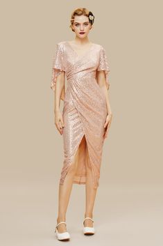 Fitted V-neck Sequin Fabric For Evening, Gold V-neck Midi Dress For Party Season, Holiday V-neck Embellished Sequin Dress, Glamorous V-neck Evening Dress With Contrast Sequin, Gold V-neck Midi Dress For Party, Gold V-neck Sequin Dress For Formal Occasions, Glamorous Embellished V-neck Midi Dress, Gold Sequin Midi Dress For Formal Occasions, Formal Gold Sequin Midi Dress