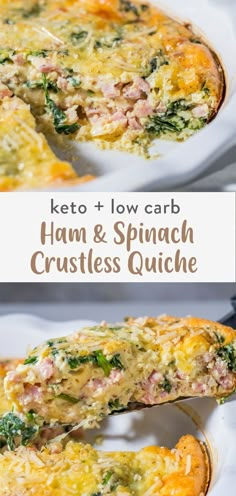 keto and low carb ham and spinach crustless quiche on a white plate