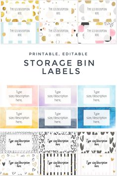 the printable editable storage bin labels are shown in different colors and sizes, including gold