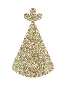 a gold glitter party hat with an angel on the top, and a bow at the bottom