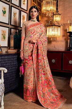 Beige Multicolor Designer Embroidered Silk Wedding Saree-Saira's Boutique Kashmiri Silk Saree, Multicolor Saree, Colored Weave, Latest Designer Sarees, Silk Saree Blouse Designs, Silk Saree Blouse, Art Silk Sarees, Wedding Saree, Silk Wedding