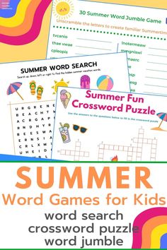 the summer word games for kids is shown with text that reads, words and pictures