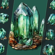 some green crystals and rocks on a black background