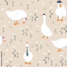 the ducks are walking around in the field with flowers and daisies on beige background