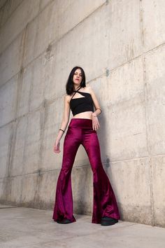 "Velvet bell-bottom pants, inspired by the 70's with high rise. Super stretchy and comfortable. They are long enough to wear with heels and platforms. Available in two colors, burnt orange, and dark bordeaux. Perfect for day to day wear, dancing, festivals.... whatever you want These pants are very stretchy, so one size fits two sizes. I recommend choosing your size marked on the size list below. SIZE XS Bust: 31\"-33\" // 78-83cm Waist: 24\"-25\" //60-65cm Hips: 34\"-35\" // 84-87cm SIZE S Bust Fitted Hippie Pants For Fall, Hippie Fitted Pants For Fall, Hippie Style Fitted Pants For Fall, Hippie Full Length Pants For Fall, Hippie Style Full Length Pants For Fall, Bohemian Pants For Fall Party, Bohemian Pants For Party In Fall, Hippie Style Full-length Bottoms For Fall, Hippie Full Length Bottoms For Fall