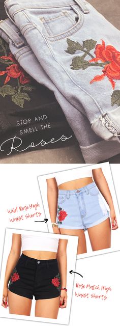 High waist denim shorts in a light vintage wash with a frayed, rolled-up hem and a beautiful embroidered rose on the side and distressing on the opposite side. Traditional 5 - pocket construction with zip fly and button closure.  *Hand Wash Cold  *97% Cotton 2% Polyester 1% Spandex  *11"/28 cm Top to Bottom 1"/3 cm Inseam - Measured on a size M (Model is 5'5/wearing size S) Trendy Cutoff Shorts With Floral Embroidery, Trendy Cutoff Jean Shorts With Floral Embroidery, Trendy Floral Embroidered Jean Shorts For Summer, Trendy Floral Embroidered Shorts, Trendy Denim Shorts With Floral Embroidery, High Waist Denim Shorts, Embroidered Rose, Diy Shorts, Summer Attire