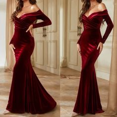 Christmas Party Gown, Long Sleeve Red Dress Formal, Elegant Red Outfit Classy, Elegant Christmas Dress Women, Red Date Dress, Christmas Ball Gowns, Christmas Gala Dress, Revenge Dress Ideas, Christmas Ballgown