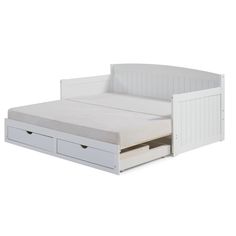 a bed with two drawers underneath it and a white headboard on the bottom side