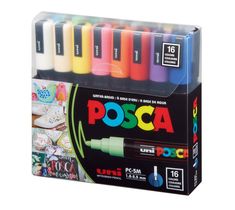 the box contains six different colors of posca markers and one marker with an eraser