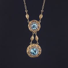 A dazzling Victorian necklace with sparkling blue zircon in frames of tiny pearls and 14k leaves. Garland Design, Victorian Necklace, Zircon Necklace, Antique Blue, Gilded Age, Gold Leaves, Blue Zircon, Antique Shops, Paper Clip