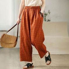 Plaid Relaxed Fit Summer Pants, Summer Plaid Relaxed Fit Pants, Summer Relaxed Fit Plaid Pants, Casual Gingham Wide Leg Bottoms, Casual Wide Leg Gingham Bottoms, High Waist Plaid Summer Pants, Gingham Cotton Pants, Casual Plaid Pants For Spring, Casual Gingham Cotton Bottoms