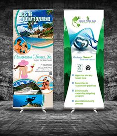 two roll up banners with images of people on the beach and in the background, there is a stone wall that says life's the ultimate experience