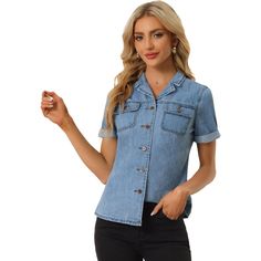 If you're looking to add some trendy feel to your wardrobe, consider this chic denim shirt with a chest pocket. This button-down outerwear is both classic and cool, perfect for meeting up with friends or going about your daily routine. With its stylish breast pockets and buttoned flaps, this denim shirt is a classic yet unique addition to any outfit. Pair it with your favorite jeans and handbag for a cute and effortless look that's sure to turn heads. Medium Wash Button-up Denim Top With Buttoned Pockets, Trendy Collared Chambray Denim Top, Trendy Chambray Collared Denim Top, Trendy Collared Denim Blue Top, Trendy Collared Washed Blue Denim Top, Collared Denim Blue Chambray Top, Trendy Shirt With Buttoned Pockets, Denim Button-up Tops With Pockets, Spring Collared Denim Top With Snap Buttons