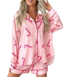 PRICES MAY VARY. Material: High quality polyester. women cute printed 2 piece pajamas set, lightweight, skin-friendly, comfortable and breathable, slight stretch, not easy to deform, suitable for Christmas, Hollween, Valentine's Day, etc. Feature: Christmas cane long sleeve shorts set, Xmas pajamas set, holiday loungewear set, Holiday cute pattern long sleeve button down shirt with shorts matching set, 2 pcs sleepwear set, 2 piece sleepwear button down pjs set. Design: Women 2 piece holiday pink Pj Ideas, Christmas Pajama Shorts, Christmas Sleepover, Womens Christmas Pajamas, Cute Pajama, Christmas Pj, Pyjama Satin, Cute Pajama Sets, Chic Summer Outfits