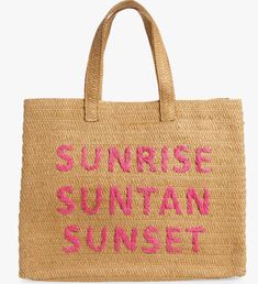 Sunrise Suntan Sunset Tote Bag Luke Bryan sang it. We believed it. And now we have the tote to prove it: Sunrise, Suntan, Sunset! This darling hand-embroidered raffia tote bag carries a message that'll have you dreaming of vacation whenever you see it. Hot pink lettering on straw deluxe tote bag. DETAILS & CARE 17" x 14" x 7" Paper straw Snap Closure Lined interior Los Angeles Sunrise, Raffia Tote Bag, Better Cr Dr, Soul Contract, Cute Birthday Outfits, Sandy Shores, Net Bag, Bag Details, Luke Bryan