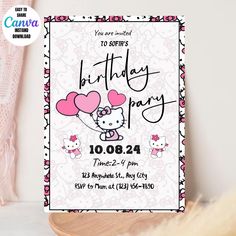 a hello kitty birthday party card with balloons