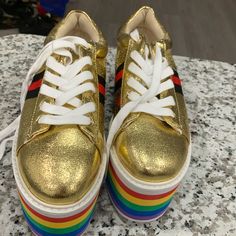 Size 8 Platform Tennis Brand New Sporty Gold Platform Sneakers With Round Toe, Gold Platform Sneakers With Round Toe, Multicolor Leather Closed Toe Sneakers, Multicolor Leather Sneakers, Multicolor Slip-on Platform Sneakers, Blue Platform Heels, Platform Tennis, White Platform Sandals, Black Clogs